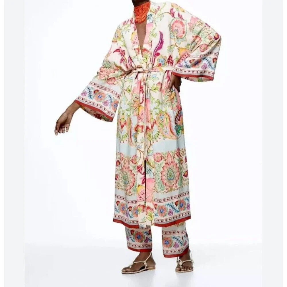 Zara Floral Colourful Kimono Style Belted Jacket Viscose  Oversized  XS